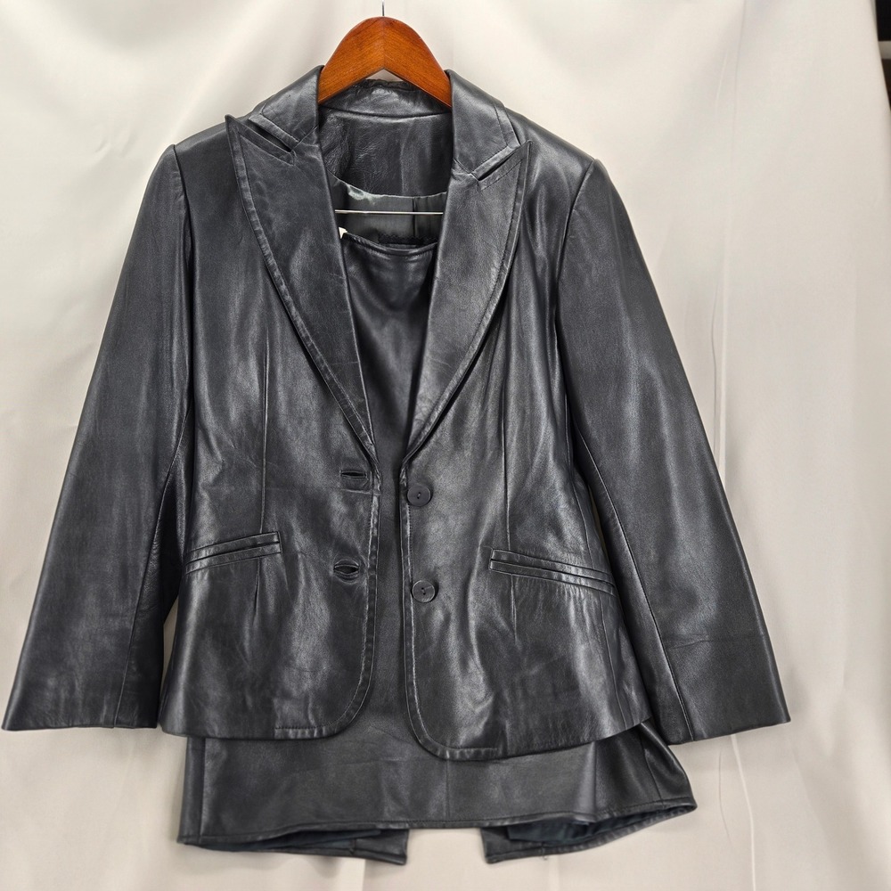 Vintage VAKKO New York Leather Skirt Blazer Suit Set Gunmetal Gray 2PC XS - Picture 6 of 8